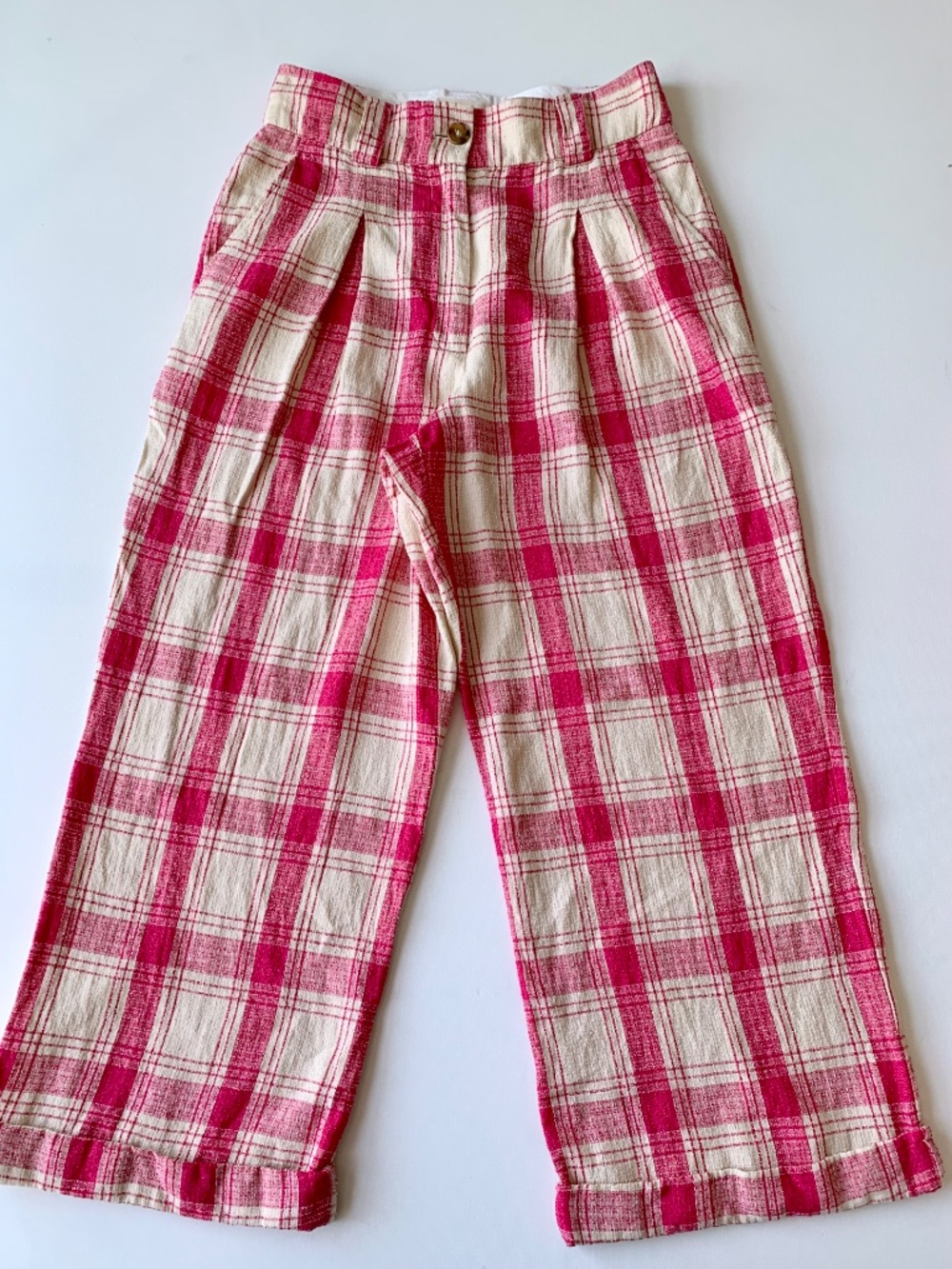 Sezane Pink and Cream Plaid Trouser Wide-Leg Pants linen blended size 38